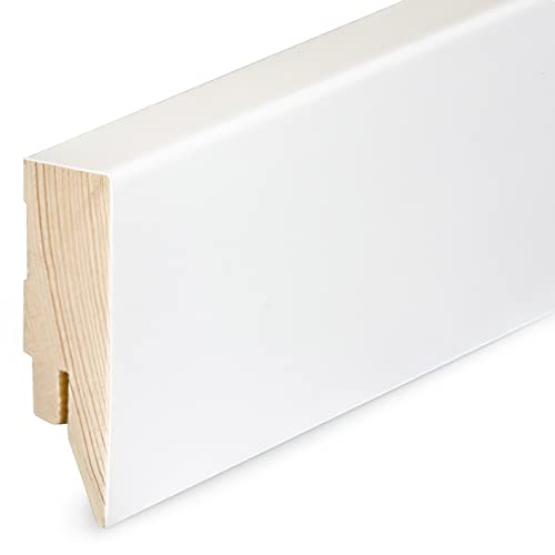 HORI® Sockelleiste mit Massivholzkern RAL 9016 Weiß foliert | Zubehör: Clips, Außenecken, Innenecken, Endkappen | Moderne Fußleisten für Laminat, Vinyl & ParkettModern foliert RAL9016 von HORI