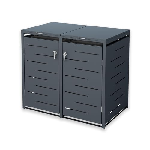 HORI® Mülltonnenbox, Tonnenbox, Abfallschrank, witterungsbeständig, abschließbar, Pflanzdach wählbar, für 2 Tonne Farbe: Anthrazit mit Rillen von HORI