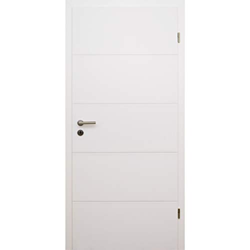 HORI® Zimmertür Komplettset mit Zarge und Türdrücker I Innentür weiß lackiert mit 4 Querstreifen I Höhe 198,5 cm I Anschlag, Breite und Wandstärke wählbar I DIN rechts I 1985 x 985 x 180 mm von HORI