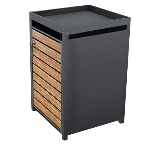 HORI Mülltonnenbox, Tonnenbox, Abfallschrank, witterungsbeständig, abschließbar, Pflanzdach wählbar, für 1 Tonne Farbe: Holzdesign mit Pflanzendach von HORI