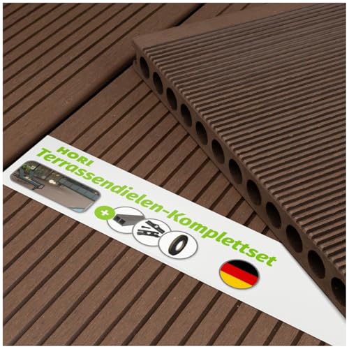 HORI WPC BPC Terrassendielen Komplettset XXL Hohlkammerprofil 25x250mm Dunkelgrau Anthrazit Braun pflegeleicht rutschfest Terrassenbrett Fläche: 1 Muster Farbe: Braun von HORI