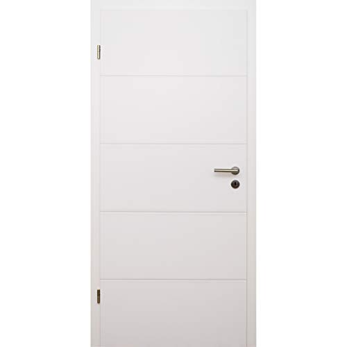 HORI® Zimmertür Komplettset mit Zarge und Türdrücker I Innentür weiß lackiert mit 4 Querstreifen I Höhe 198,5 cm I Anschlag, Breite und Wandstärke wählbar I DIN links I 1985 x 610 x 140 mm von HORI