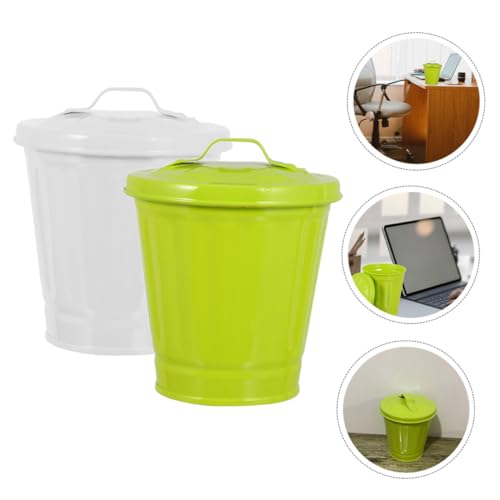 HORIALENCE 2 Stück Mini Tischabfalleimer Metall mit Deckel Kompakter Abfalleimer für Wohnzimmer Küche Büro Weiß und Grün Langlebiger Abfallbehälter für Tisch Platzsparend und Praktisch von HORIALENCE