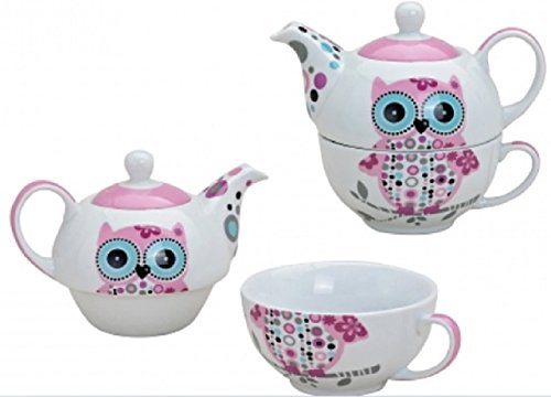 Tee-Set mit Eulen Motiv in Rosa für eine Person | Teekanne & Teetasse | Pinkes Porzellan-Teeservice in Geschenkbox | schön designte Henkel-Tasse & Henkel-Kanne für Teetrinker | Tassen-Set Tea for one von G. Wurm