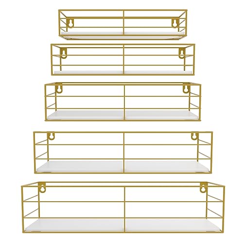 HORLIMER 5er-Set Wandregal, Schweberegal mit Gold Metal Stäben und Weiß Holzbrett, Modern Regal Wand für Küche, Bad, Schlafzimmer, Wohnzimmer und Büro (Rechteckig) von HORLIMER