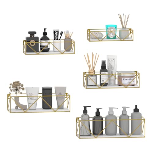 HORLIMER 5er-Set Wandregal, Schweberegal mit Gold Metal Stäben und Weiß Holzbrett, Modern Regal Wand für Küche, Bad, Schlafzimmer, Wohnzimmer und Büro (W-förmig) von HORLIMER