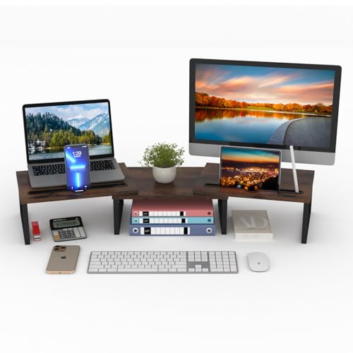 HORLIMER Dual Monitorständer - Holz Monitor Ständer mit Verstellbarer Länge und Winkel, Bildschirmerhöhung mit 2 Steckplätzen, Monitor Erhöhung, Schreibtisch Organizer für 2 Monitore (Braun) von HORLIMER