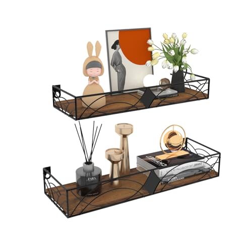 HORLIMER Schwebende Wandregal Schwarz, Schweberegal mit Metal Stäben und Holzbrett, Rustikale Regal Wand für Küche, Bad, Schlafzimmer, Wohnzimmer, Büro (2 Stück) von HORLIMER