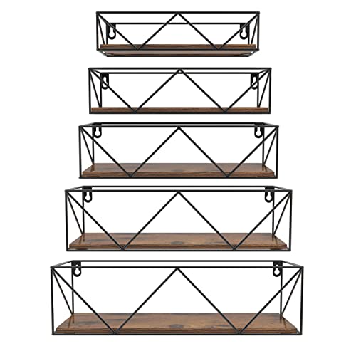 HORLIMER 5er-Set Wandregal, Schweberegal mit Schwarz Metal Stäben und Braun Holzbrett, Rustikale Regal Wand für Küche, Bad, Schlafzimmer, Wohnzimmer und Büro (W-förmig) von HORLIMER