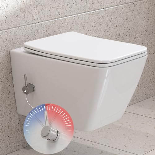 HOROW Dusch WC mit Integrierter Düse, Hänge WC Spülrandlos, WC mit Bidet Funktion, Taharet WC mit Nanobeschichtung, WC Dusche mit Armatur, WC Sitz mit Absenkautomatik, Kalt-/Warm Wasser, Rechteckige von HOROW