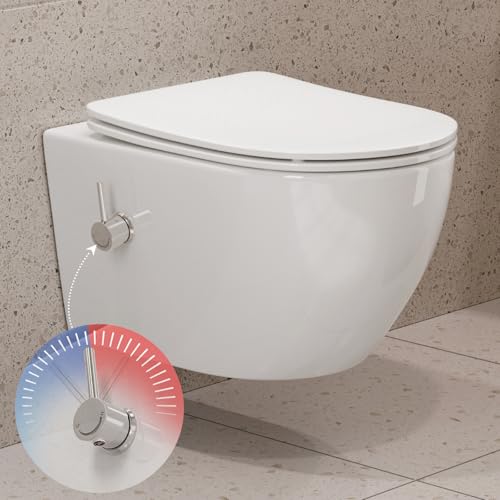 Dusch WC mit Integrierter Düse, Hänge WC Spülrandlos, WC mit Bidet Funktion, Taharet WC mit Nanobeschichtung, WC Dusche mit Armatur, WC Sitz mit Absenkautomatik, Kalt-Warm Wasser, 53,5×36×37,5 cm von HOROW