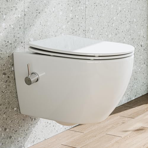 Dusch WC mit Integrierter Düse, Hänge WC mit Bidet Funktion, Taharet WC mit Nanobeschichtung, WC Dusche mit Armatur, WC Sitz mit Absenkautomatik, Kalt Wasser, 53×36×35 cm von HOROW