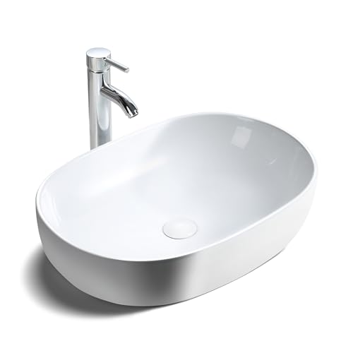 HOROW Aufsatzwaschbecken Oval - Waschbecken Bad - Waschbecken Gäste wc - Waschtisch mit Ablaufgarnitur- Aufsatzwaschbecken aus Keramik 590 × 410 × 145 mm - Weiß - Modern Handwaschbecken von HOROW