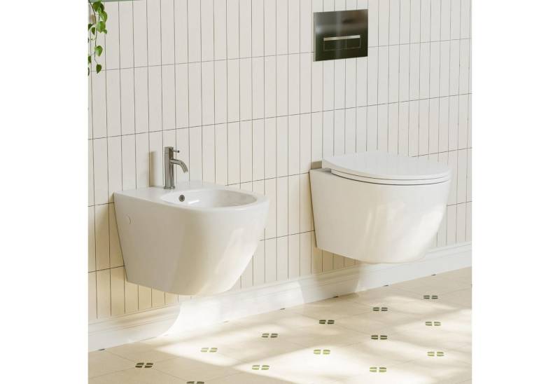 HOROW Tiefspül-WC Bidet Komplet Set aus Keramik Wand WC ohne Spülrand und Bidet, wandhangend , Wand-WC mit WC-Sitz Absenkautomatik von HOROW