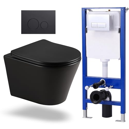 HOROW Vorwandelement WC Set Toiletten Komplettset, Wand WC SET WC-Sitz Soft Close Unterputz Spülkasten Vorwandspülkasten Keramik Schwarze Schüssel +Drückerplatte (Betätigungsplatte B) von HOROW