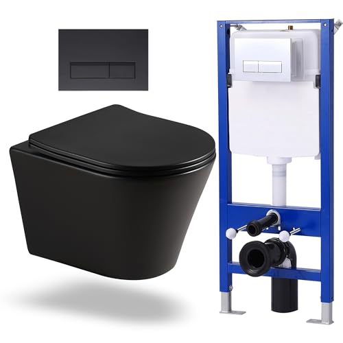 HOROW Vorwandelement WC Set Toiletten Komplettset, Wand WC SET WC-Sitz Soft Close Unterputz Spülkasten Vorwandspülkasten Keramik Schwarze Schüssel +Drückerplatte von HOROW