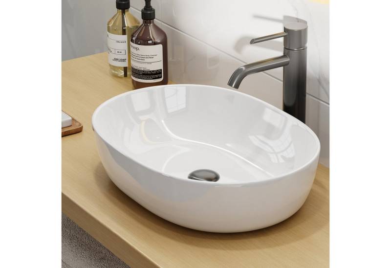 HOROW Waschbecken Aufsatzwaschbecken Oval Waschbecken Glänzend weiß (für Badezimmer Gäste-WC , 590 × 410 × 145 mm, mit Hahnloch und Überlauf) von HOROW