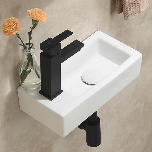 HOROW Waschbecken Hängend, Wandwaschbecken Eckig Weiß Keramik Porzellan Mini Handwaschbecken Klein Gäste WC, Hahnloch Links, 370 x 185 x 90 mm, kein Pop-up-Abfluss von HOROW