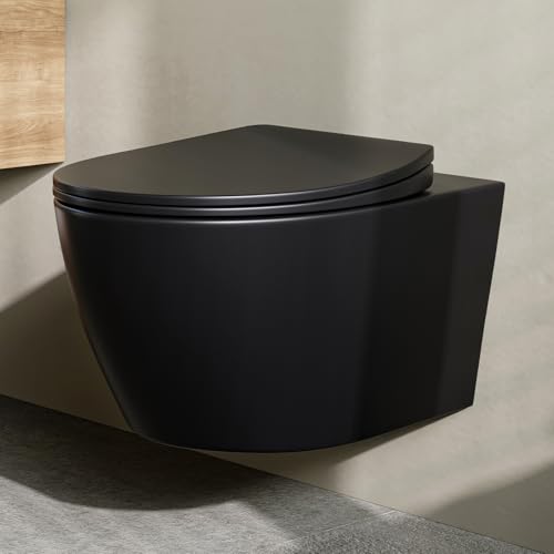 WC Schwarz, Toilette Schwarz, Hänge WC Spülrandlos Toilette, Toiletten für Gäste-WC, WC Schüssel aus Keramik, WC Sitz mit Absenkautomatik, Einloch Superspin Spülung Wand WC, Kloschüssel 52×37×34,5cm von HOROW