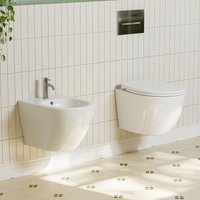 Hänge wc Set mit Bidet Randloses WC-Becken mit WC-Sitz mit Absenkautomatik Weiß - 49 x 36 x 32.5cm von HOROW