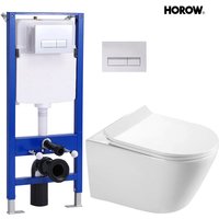 Horow - Hänge wc aus Keramik - Wand wc Komplettset mit Toilette Deckel mit Absenkautomatik + schallgedämmt Vorwandelement mit Betätigungsplatte von HOROW