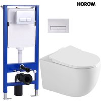 Spülrandlos Hänge wc Wand Toilette Komplettset -mit Softclose WC-Sitz + schallgedämmt Vorwandelement mit Drückerplatte - Horow von HOROW