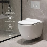 Horow - Spülrandlos Wand Hängend wc Weiß Keramik Toilette Abnehmbarer WC-Sitz Absenkautomatik, D-Form Toilette , Siphon Spülung, Doppellöcher- Ohne von HOROW