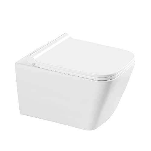 Keramik Wand WC | weiß Hänge WC Set | Toilette mit Nano Beschichtung | Becken mit Abnehmbar WC-Sitz mit Absenkautomatik Quadratische Form| Wand WC Passend zu Geberit |51 x 36 x 34 cm von HOROW