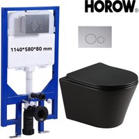 Horow - Komplett Set Matt schwarz Rund Wandhängendes wc mit Sitz Absenkautomatik - Superspin-Spülung Hänge wc für Gäste wc - 114cm Dünne von HOROW