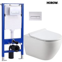 Horow - Spülrandlos Wand Hängend wc Komplettset Keramik Toilette Abnehmbarer WC-Sitz Absenkautomatik, Siphon Spülung, Doppellöcher- Vorwandelement von HOROW