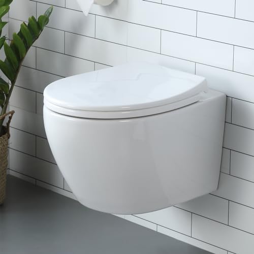 Wand WC Keramik Hänge WC Set Toilettemit abnehmbaren Deckel sitz mit Absenkautomatik Hängetoilette, D-Form, kompakte Design Toilette Gästebad von HOROW