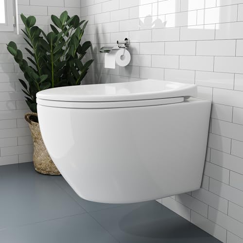Wand WC Keramik Hänge WC Set Toilettemit abnehmbaren Deckel sitz mit Absenkautomatik Hängetoilette, D-Form, kompakte Design Toilette Gästebad von HOROW