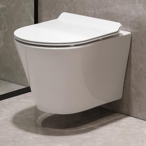 Wand WC Keramik Weiß Absenkautomatik Softclose WC-Sitz Hänge Toilette Modern Runde Toilette im Badezimmer, kräftige Spülung, von HOROW