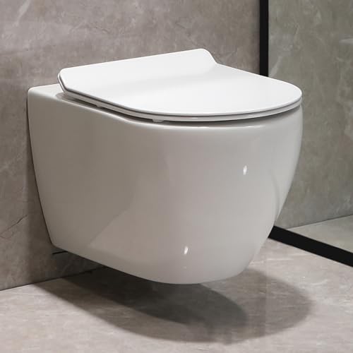 Wand-WC Weiß Keramik hänge wc schüssel, Siphon Spülung Toilette Doppelte Wasserauslässe, Absenkautomatik Inklusive rundem WC-Sitz von HOROW