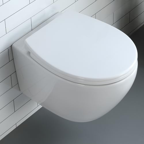 HOROW Wand-WC weiße Toilette mit WC-Sitz Round, kleines Einteilige Toiletten Keramik, Modernes Hänge WC Gäste WC, Powerful Swirl Spin Flush, absenkautomatik, Wandhängende Toilette von HOROW