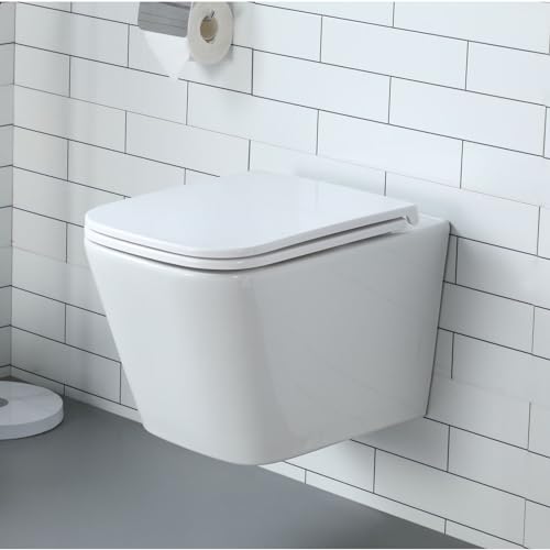 Wandtoilette, quadratische Toilette für das Badezimmer mit weich schließendem Toilettensitz in Weiß, leistungsstarke Siphonspülung von HOROW