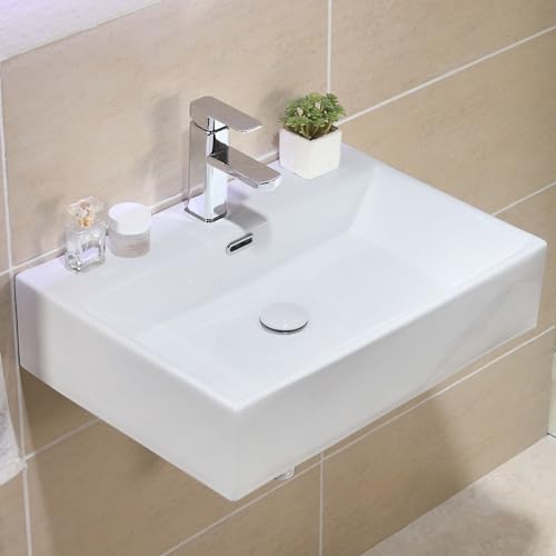 HOROW Waschbecken Bad 60 Wandmontage, Aufsatzwaschbecken Weiß Keramik Handwaschbecken, Waschbecken Klein Gäste WC, Modern Stilvoll, KEIN Pop-Up-Abfluss, 60 x 42 cm von HOROW