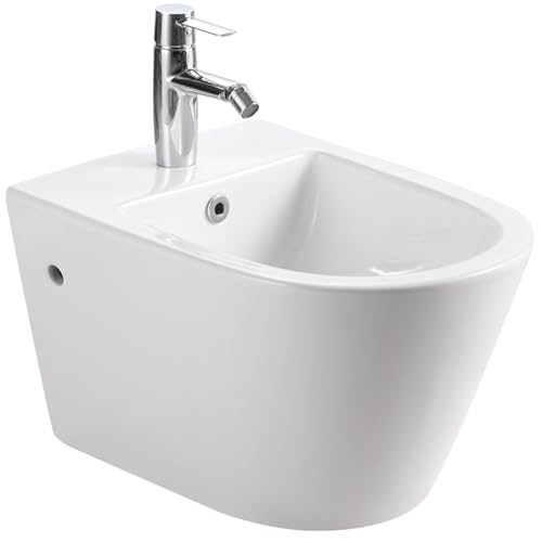 HOROW Wand-Bidet für Intimdusche Sitzbad Keramik Weiß Waschbeckendusche Randloses Bidetbecken, Badezimmer WC Dusche Taharet, mit Hahnloch und Überlauf, Badezimmer von HOROW