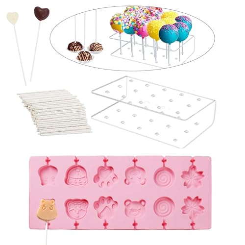 HORREX Cake pop Stiele 20 Loch Lutscherhalter Cake pop Form 200 Lutscherstiele Cake pop Ständer 12 Loch Silikonform Cake pop Starter set Geeignet für Kinder zum Selbermachen zu Hause von HORREX
