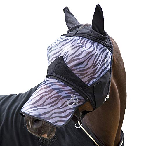 Horze Pferde Fliegenmaske Zebra, Fliegenhaube mit abnehmbarem Nüsternschutz, UV Schutz, Schwarz, S von HORZE