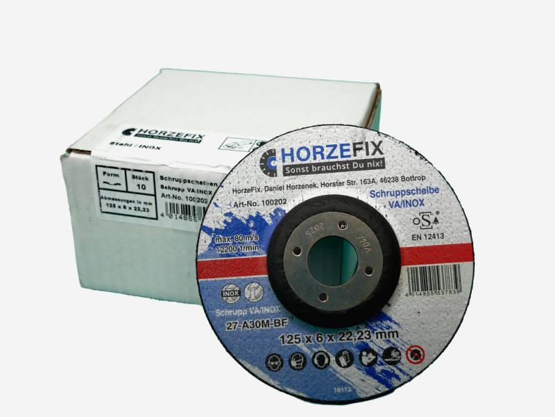 HORZEFIX Schruppscheibe Schruppscheibe Schleifscheibe VA/INOX 125 x 6,0 mm x 22,23 Metall, Ø 125 mm, (Packung, 10-tlg., VPE = 10 Stück gewölbt), Inox/ 125mm von HORZEFIX