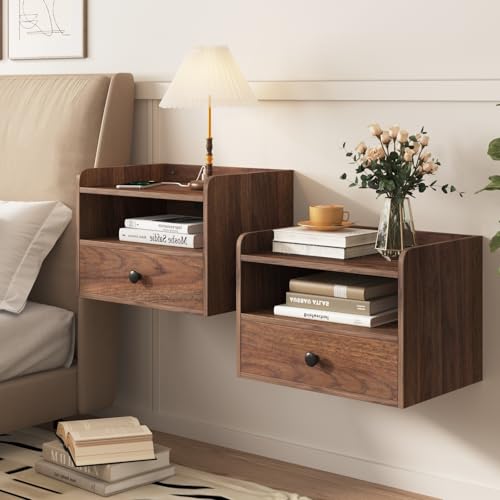 HOSEOKA Schwebender Nachttisch Braun 2er Set mit Ladestation und Schublade, Kleiner Nachttisch mit Ausgangsstecker, Schwebender Nachttisch Modern für Schlafzimmer, Nachttisch HOSEOKA Schwebender Nachttisch Braun 2er Set mit Ladestation und Schublade, Kleiner Nachttisch mit Ausgangsstecker, Schwebender Nachttisch Modern für Schlafzimmer, Nachttisch von HOSEOKA