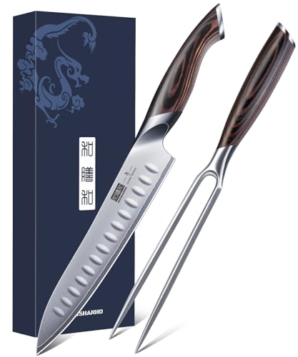 HOSHANHO 20cm Schinkenmesser & 18cm Gabel Set, professionelles Japanisches Messerset aus Hochkarbonhaltigem Stahl mit Rasiermesserscharfer Klinge zum Schneiden von Fleisch und BBQ von HOSHANHO