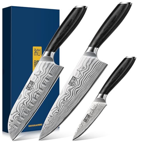 HOSHANHO 3-teiliges Messerset, Professionelles Küchenmesserset aus Pulverisiertem Kohlenstoffstahl, Ultrascharfe Messer für Die Küche mit Eleganter Geschenkbox von HOSHANHO