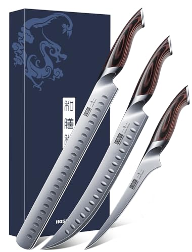 HOSHANHO 3-teiliges Schinkenmesserset, Japanisches Tranchiermesser Set mit ergonomischen Pakkaholzgriffen, Fleischmesser Brisketmesser Filetiermesser zum Schneiden von Fleisch von HOSHANHO