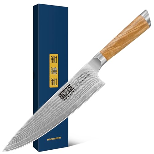 HOSHANHO Damastmesser Kochmesser 20cm, 67 Schichten Damaststahl Küchenmesser, Extra Scharfes Japanisches Messer mit Ergonomischem Olivfarbenem Griff von HOSHANHO