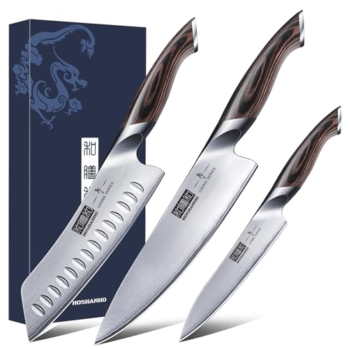 HOSHANHO Messerset 3 teilig, Küchenmesser set aus Edelstahl, Messer Kochmesser Set Professionelles mit Kochmesser, Santoku Messer, Utility Messer HOSHANHO Messerset 3 teilig, Küchenmesser set aus Edelstahl, Messer Kochmesser Set Professionelles mit Kochmesser, Santoku Messer, Utility Messer von HOSHANHO
