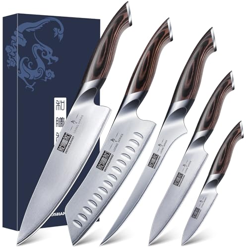HOSHANHO Messerset 5 Teilig, Japanischer Rostfreier Stahl mit Hohem Kohlenstoff Küchenmessersets, Professionelles Set Ultrascharfer Kochmesser mit Ergonomischem Pakkaholzgriff von HOSHANHO