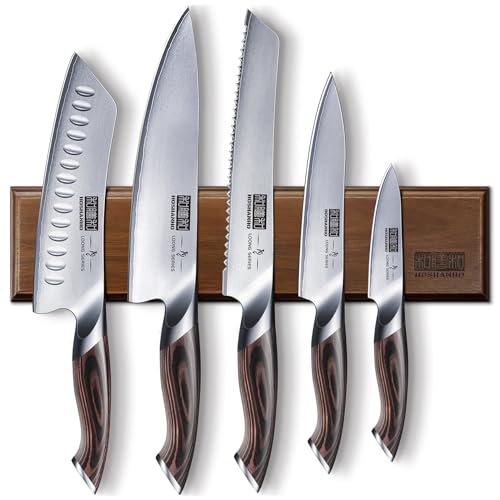 HOSHANHO Messerset 6 Teilig, Ultra Scharfes Küchenmesserset mit Magnetischer Messerhalter, Profi Hochwertigem Carbon Stahl Kochmesserset, Ergonomischer Pakkaholzgriff von HOSHANHO