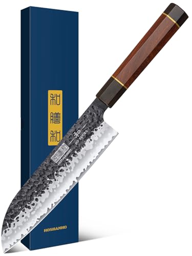 HOSHANHO Santoku Messer 18cm Handgeschmiedetes Kochmesser, Santokumesser Scharfe Messerklinge Küchenmesser aus Hochwertigem Carbon Edelstahl Chefmesser mit Ergonomischer Griff Geschenkbox von HOSHANHO